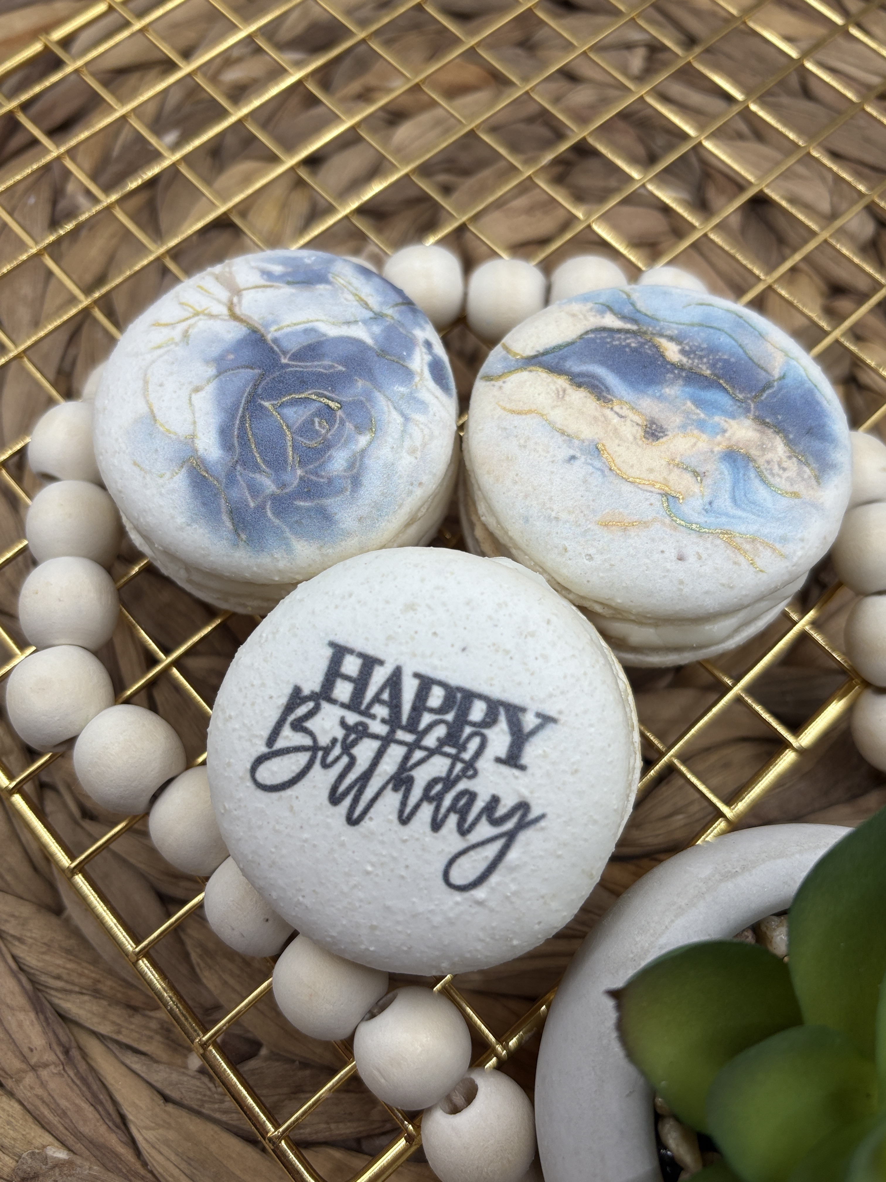 Happy birthday printed macarons with marble design