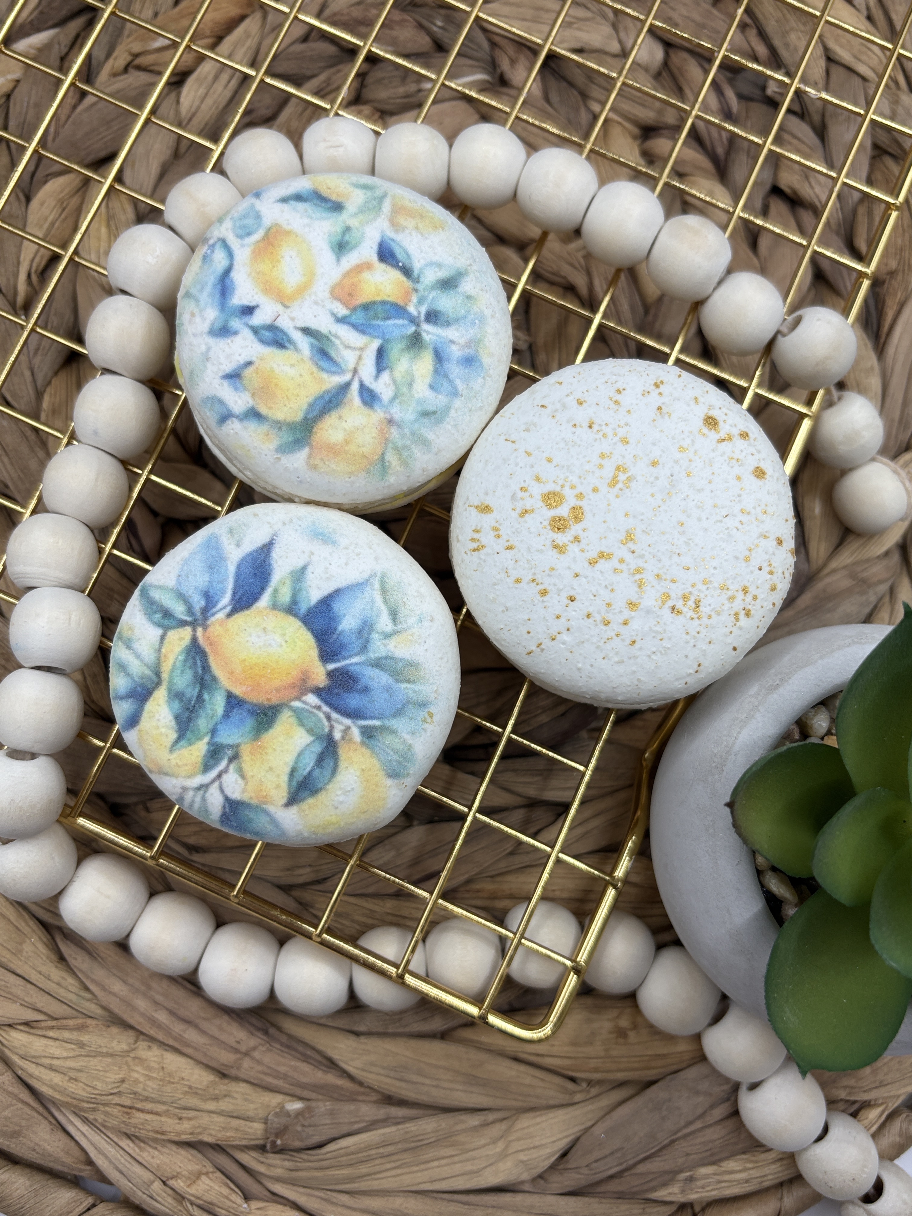 Lemon printed macarons with gold detail
