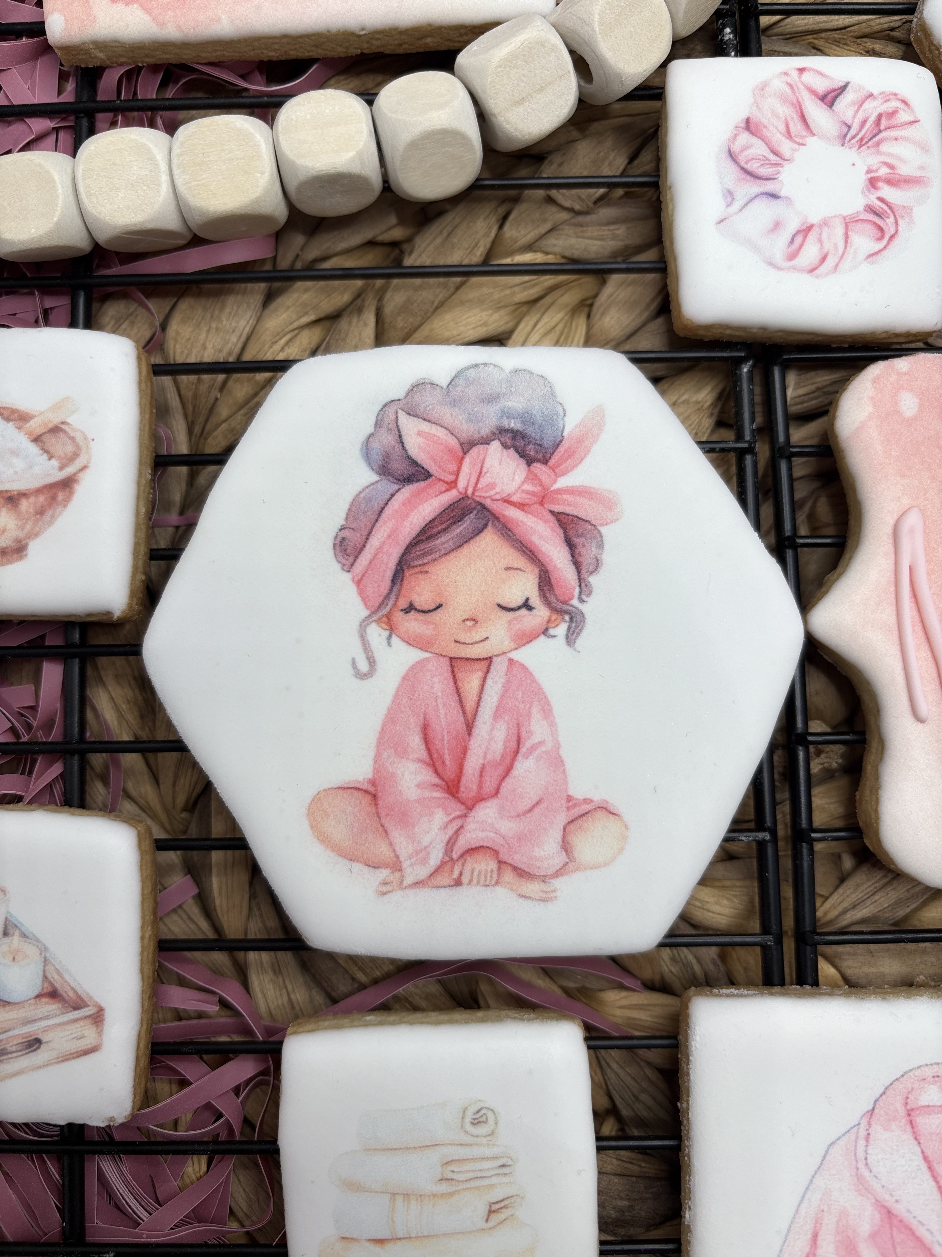 Spa day themed printed cookies